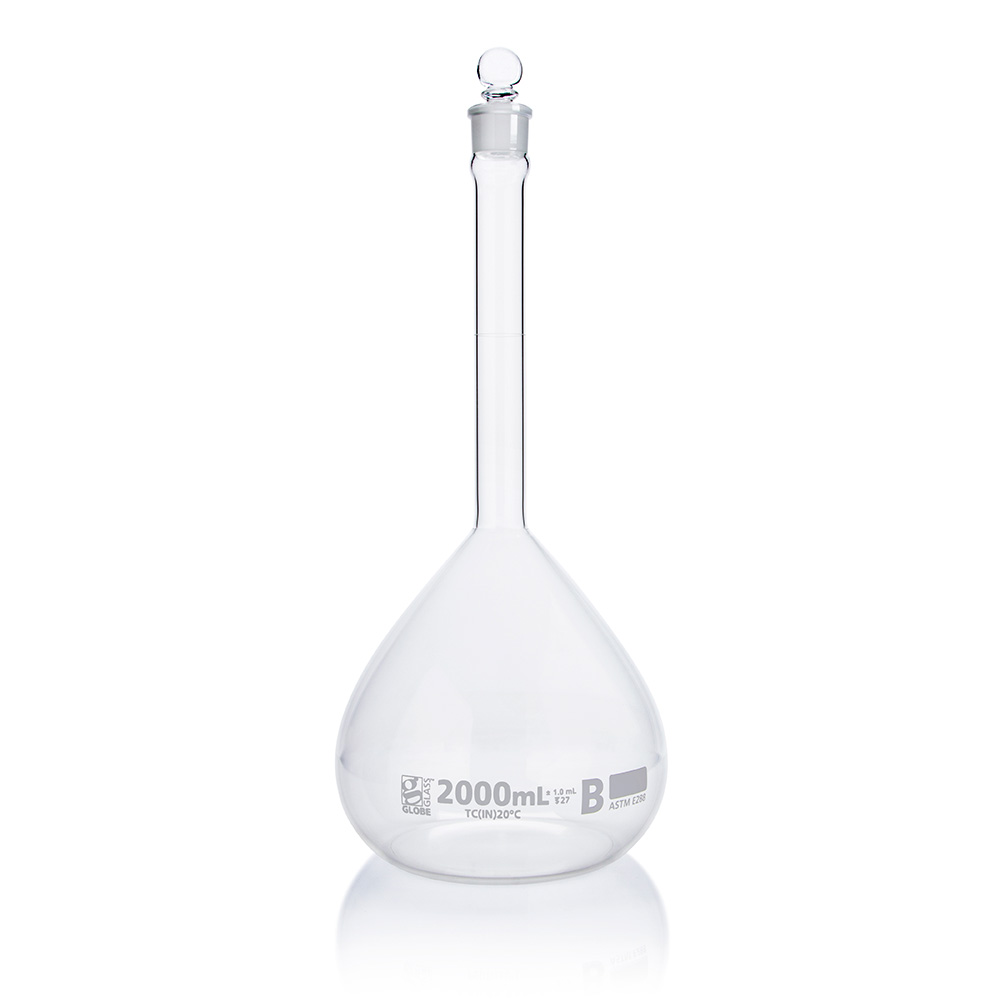 Globe Scientific Flask, Volumetric , Globe Glass, 2000mL, Class B, To Contain (TC), ASTME288, 1/Box Image